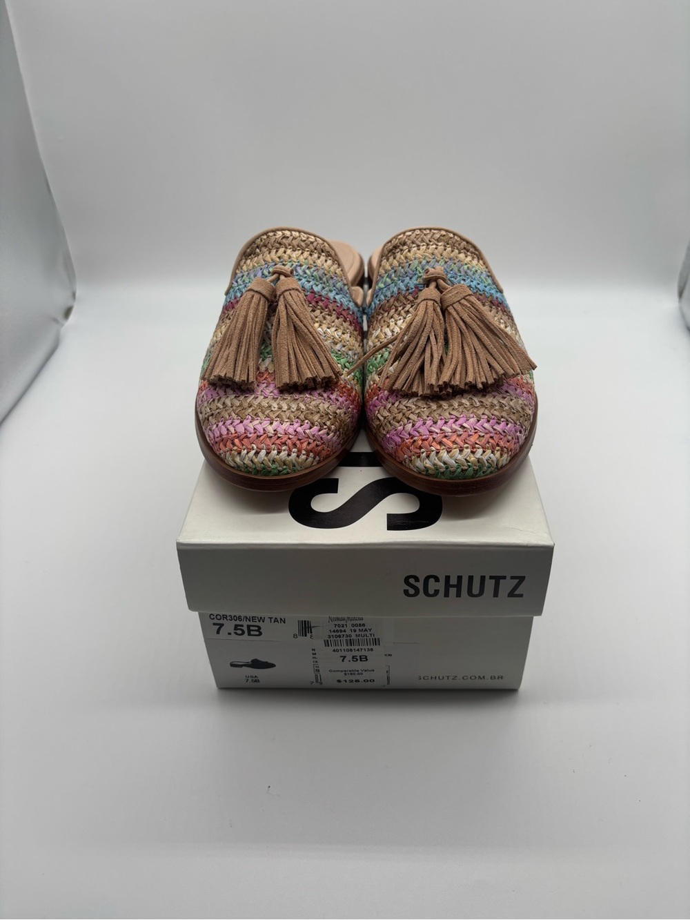 SCHUTZ Tan Multicolor Woven Tassel Slip-On Mules
